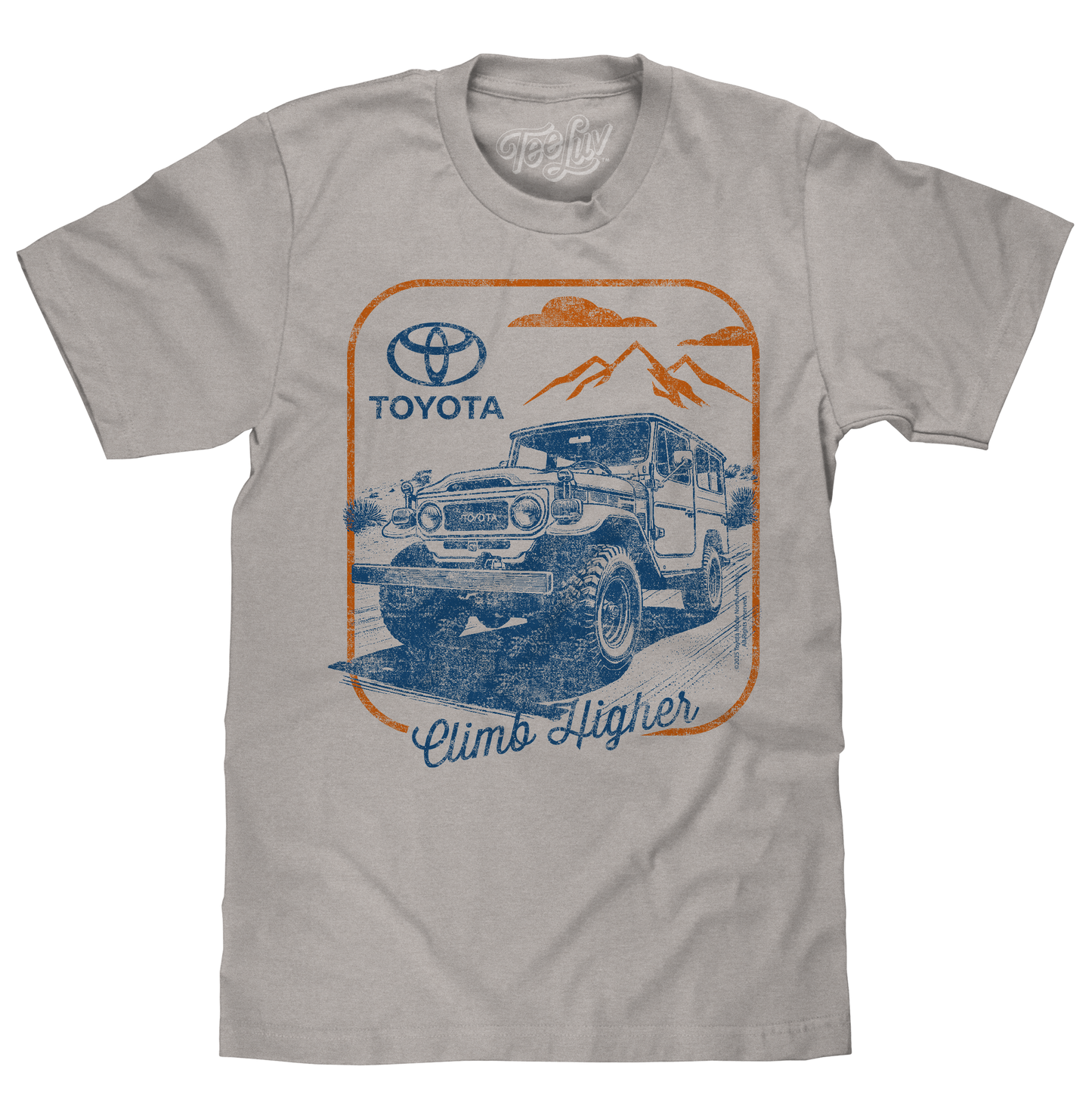 Gray t-shirt with Toyota graphic and 'Climb Higher' text on a white background