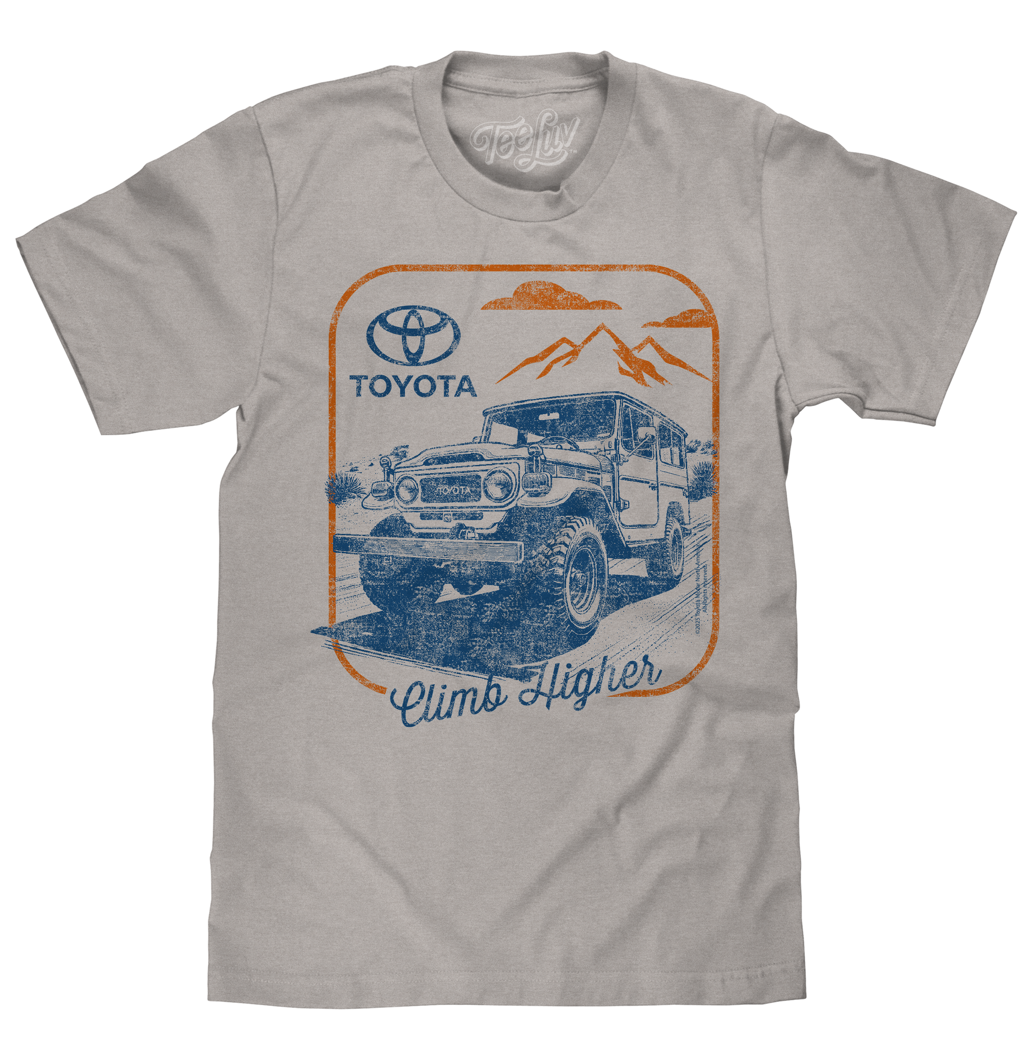 Gray t-shirt with Toyota graphic and 'Climb Higher' text on a white background