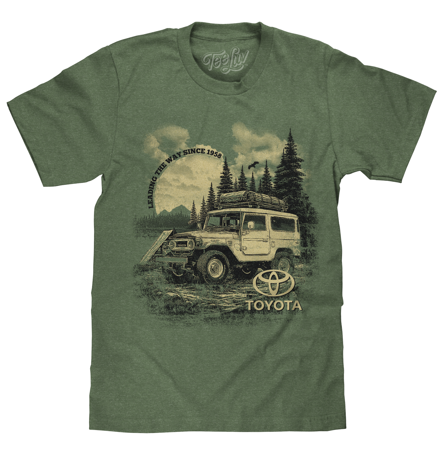 Green t-shirt with Toyota Land Cruiser graphic on a white background