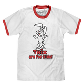 White t-shirt with red trim featuring a cartoon character and text on a white background