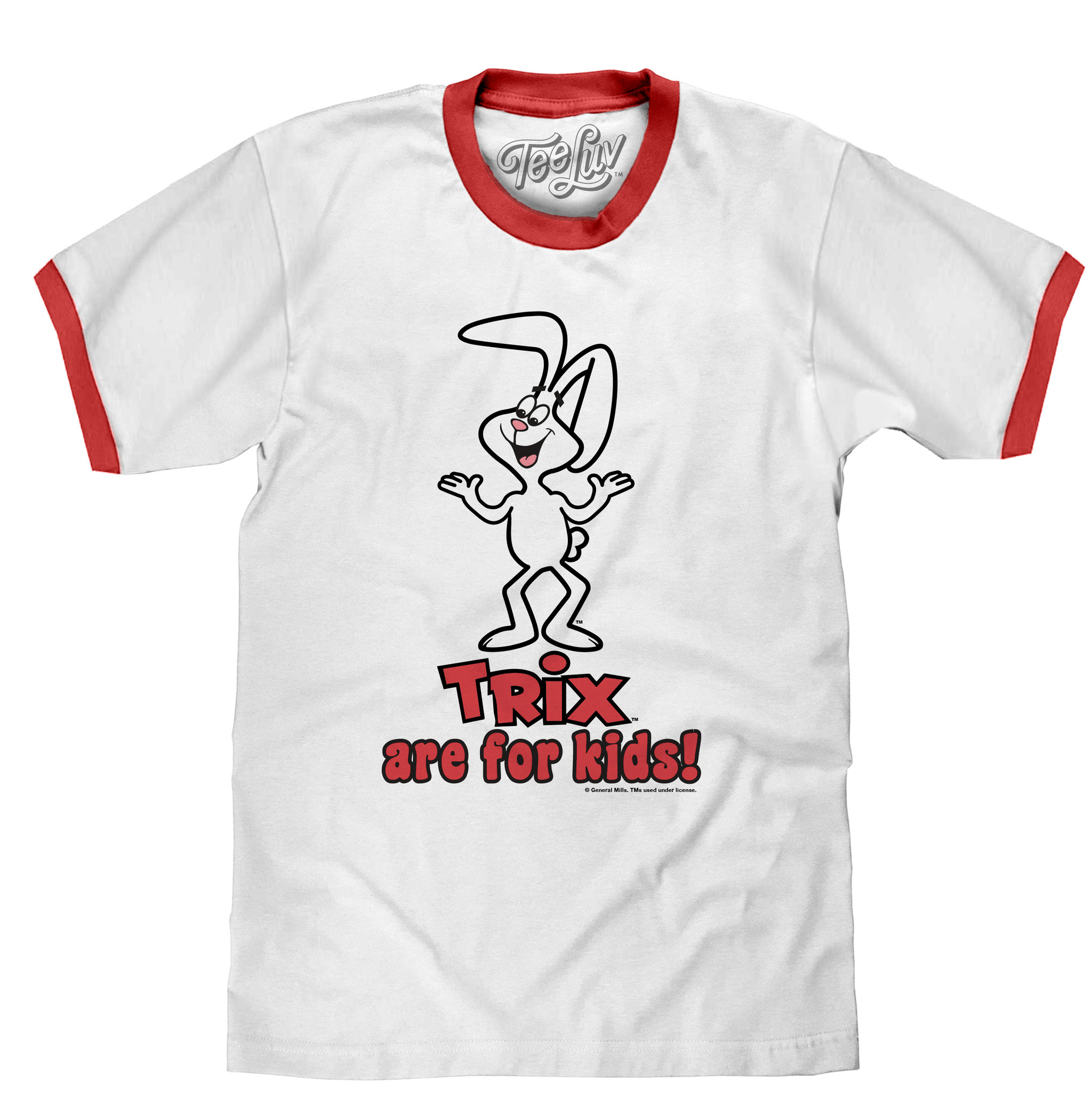 White t-shirt with red trim featuring a cartoon character and text on a white background