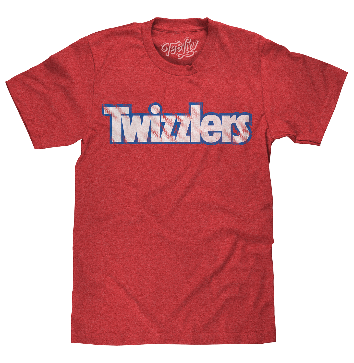 Red t-shirt with 'Twizzlers' logo on a white background