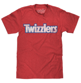 Red t-shirt with 'Twizzlers' logo on a white background