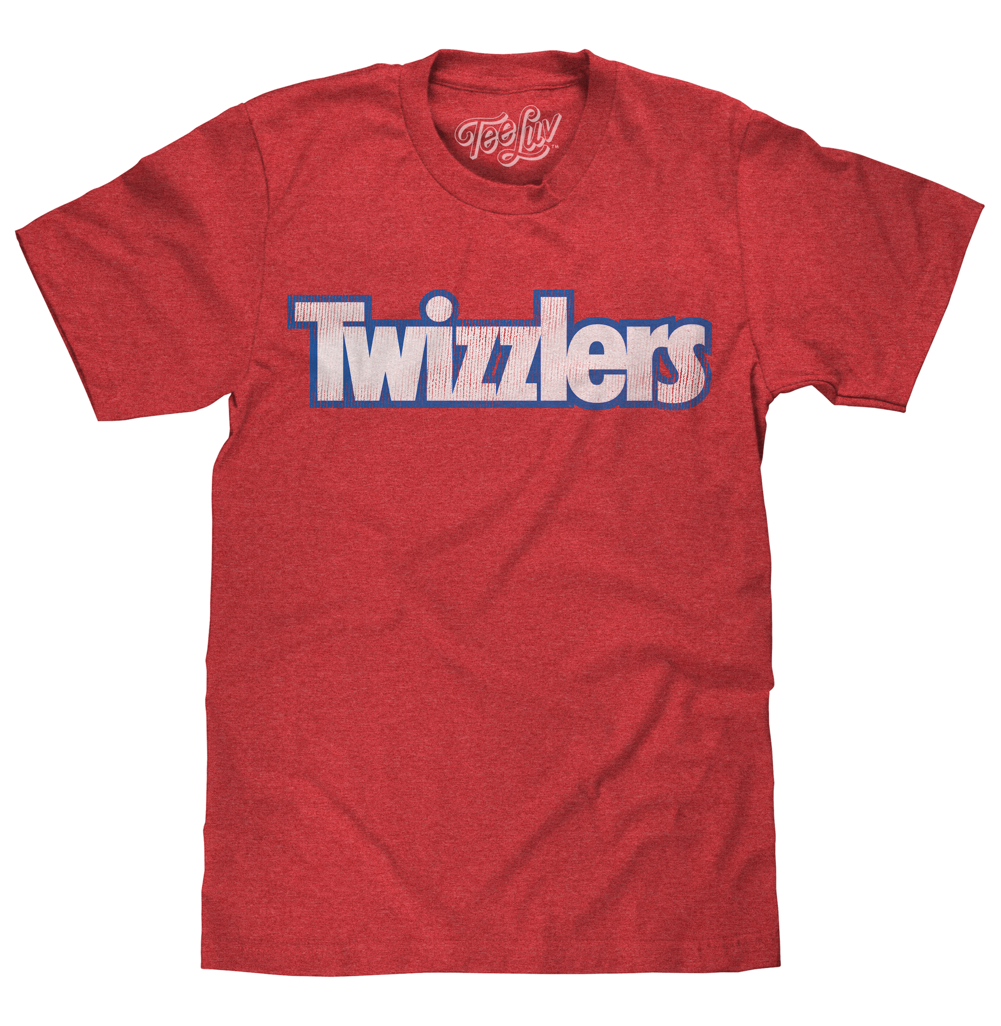 Red t-shirt with 'Twizzlers' logo on a white background