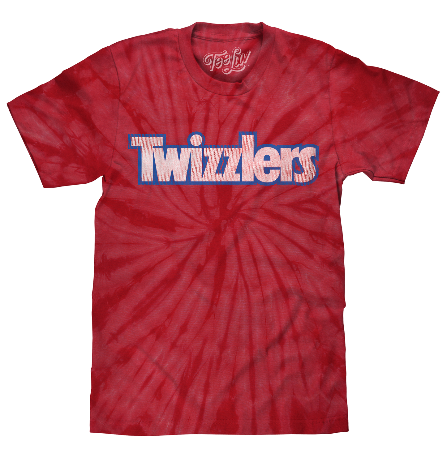 Red tie-dye t-shirt with 'Twizzlers' text on a white background