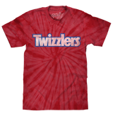 Red tie-dye t-shirt with 'Twizzlers' text on a white background