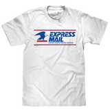White t-shirt with Express Mail logo on a white background
