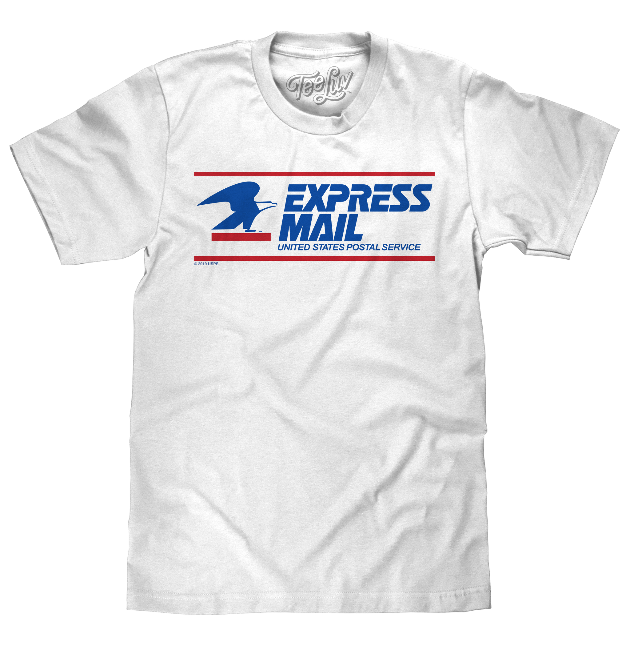 White t-shirt with Express Mail logo on a white background