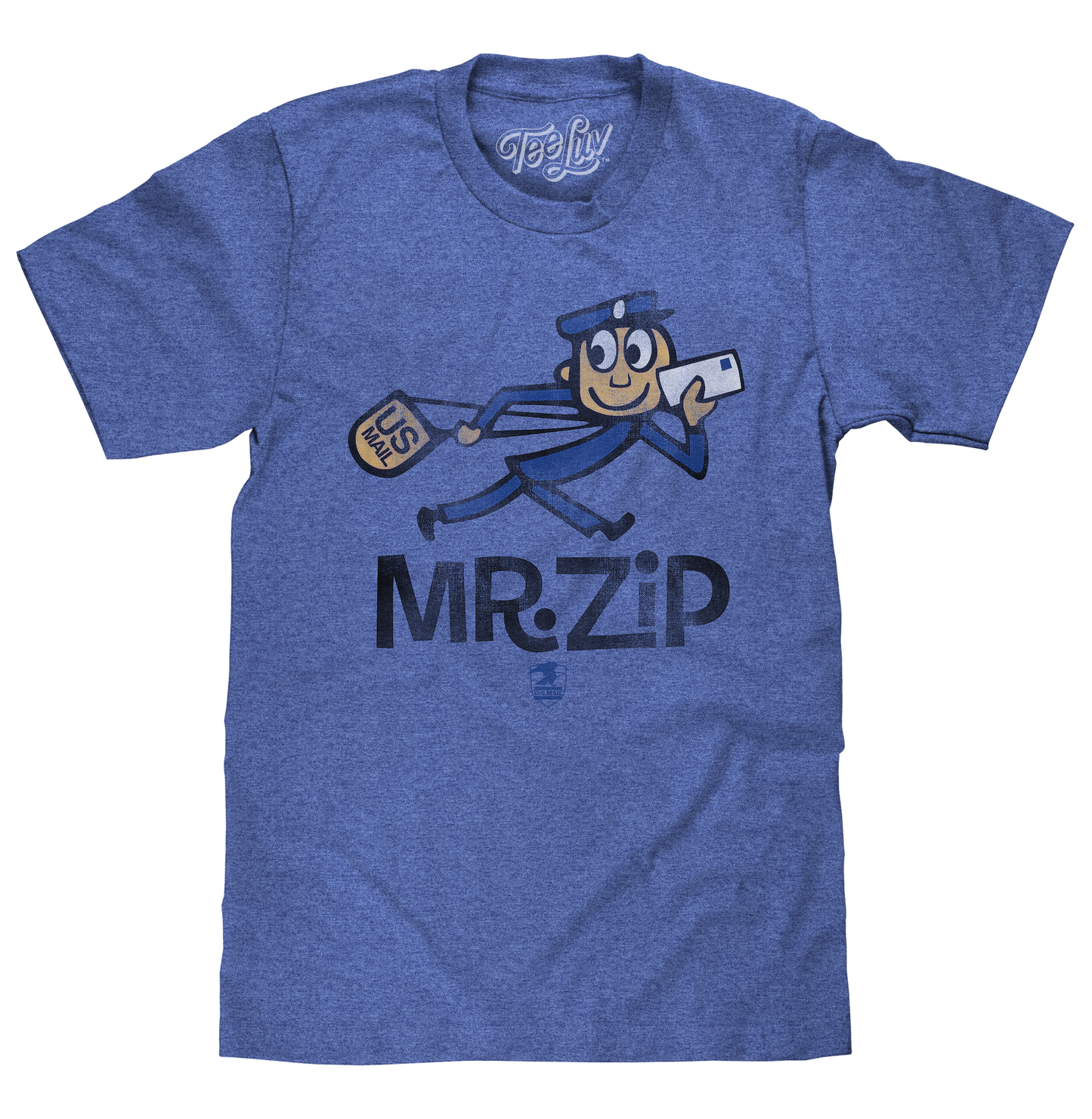Blue t-shirt with cartoon character and 'Mr. Zip' text on a white background