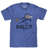 Blue t-shirt with cartoon character and 'Mr. Zip' text on a white background
