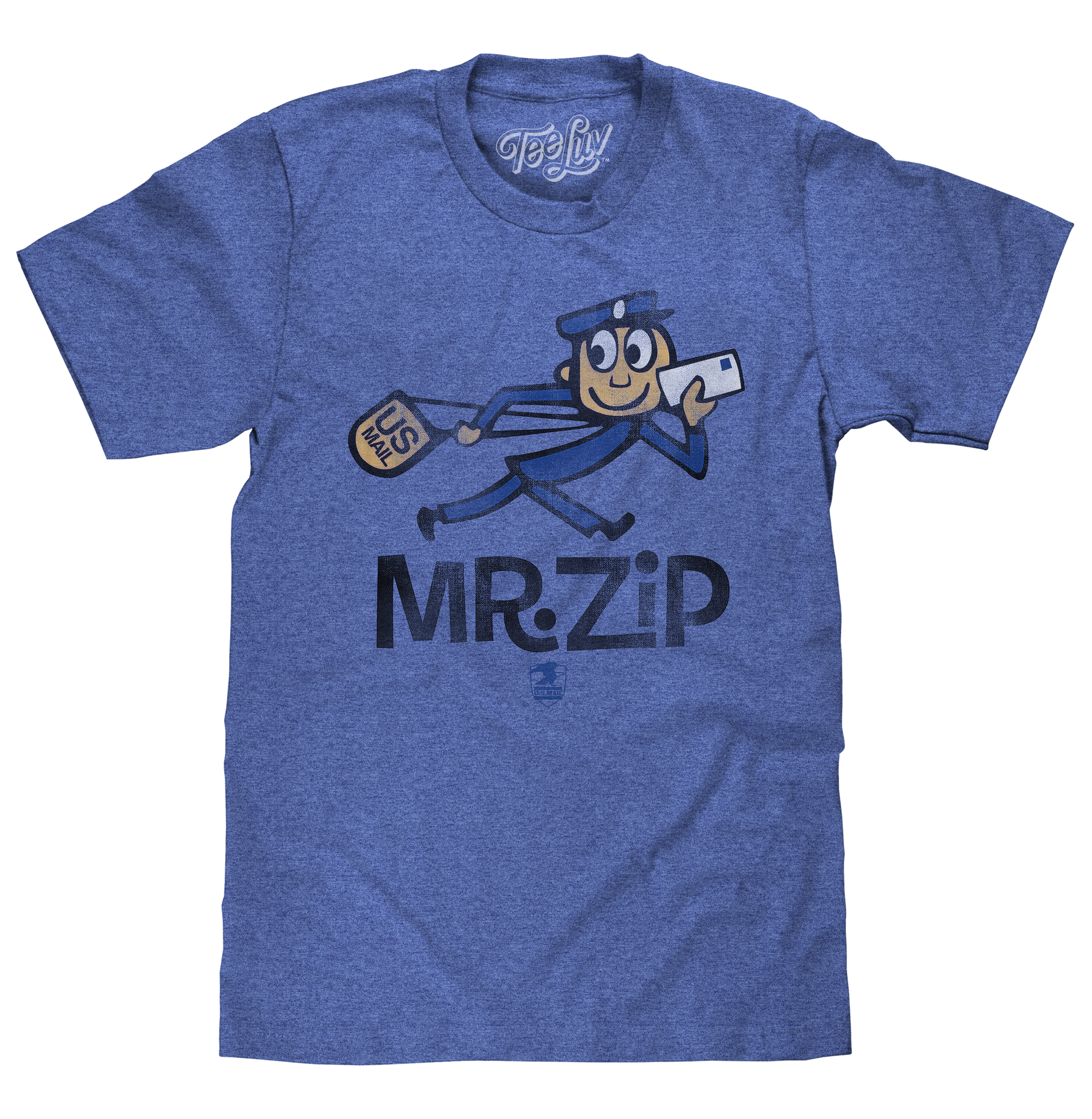 Blue t-shirt with cartoon character and 'Mr. Zip' text on a white background