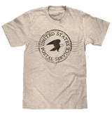 Beige t-shirt with United States Postal Service logo on a white background