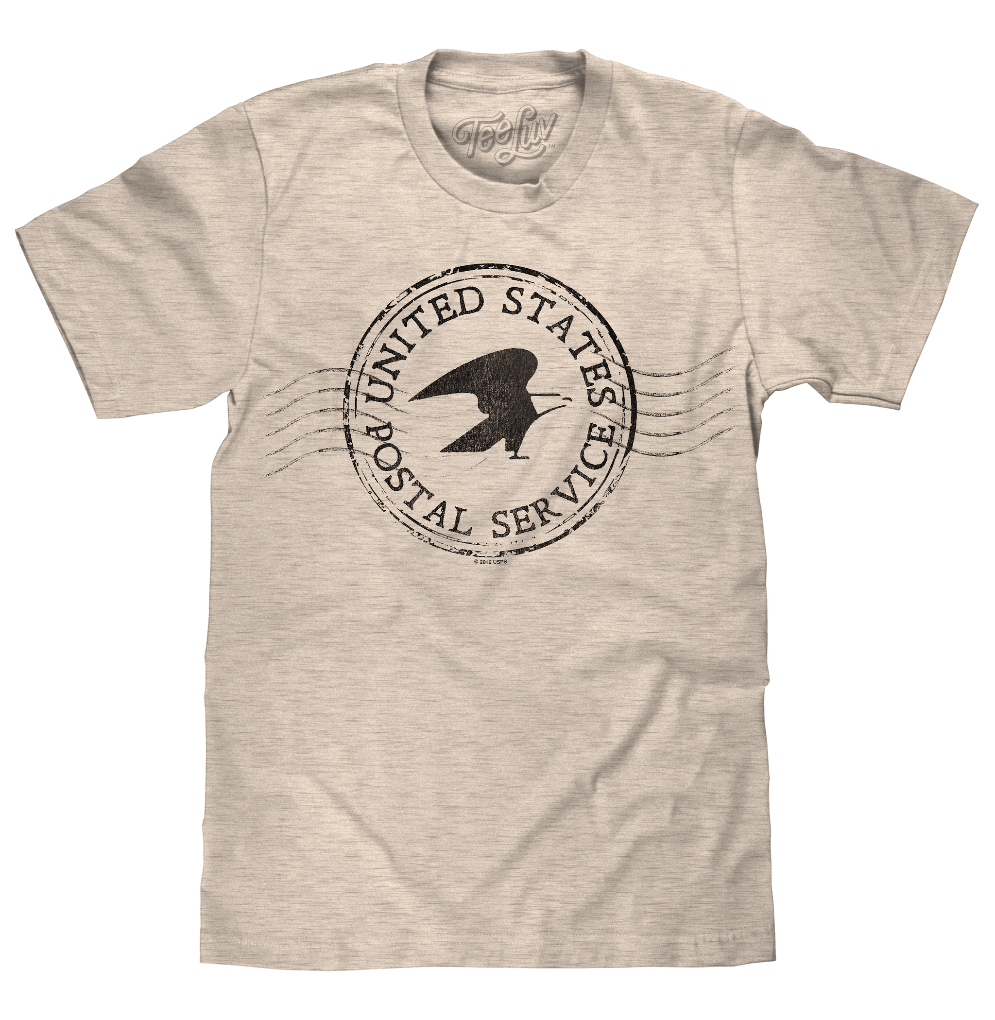 Beige t-shirt with United States Postal Service logo on a white background