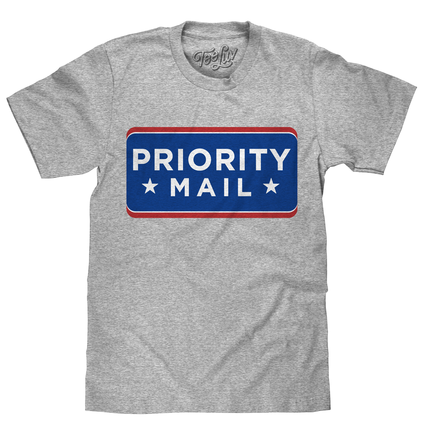 Gray t-shirt with 'Priority Mail' graphic on a white background