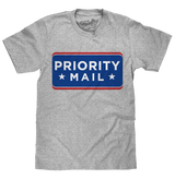 Gray t-shirt with 'Priority Mail' graphic on a white background