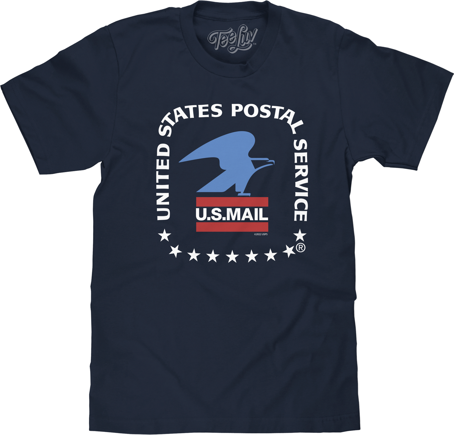 Navy blue t-shirt with United States Postal Service logo on a white background