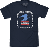 Navy blue t-shirt with United States Postal Service logo on a white background