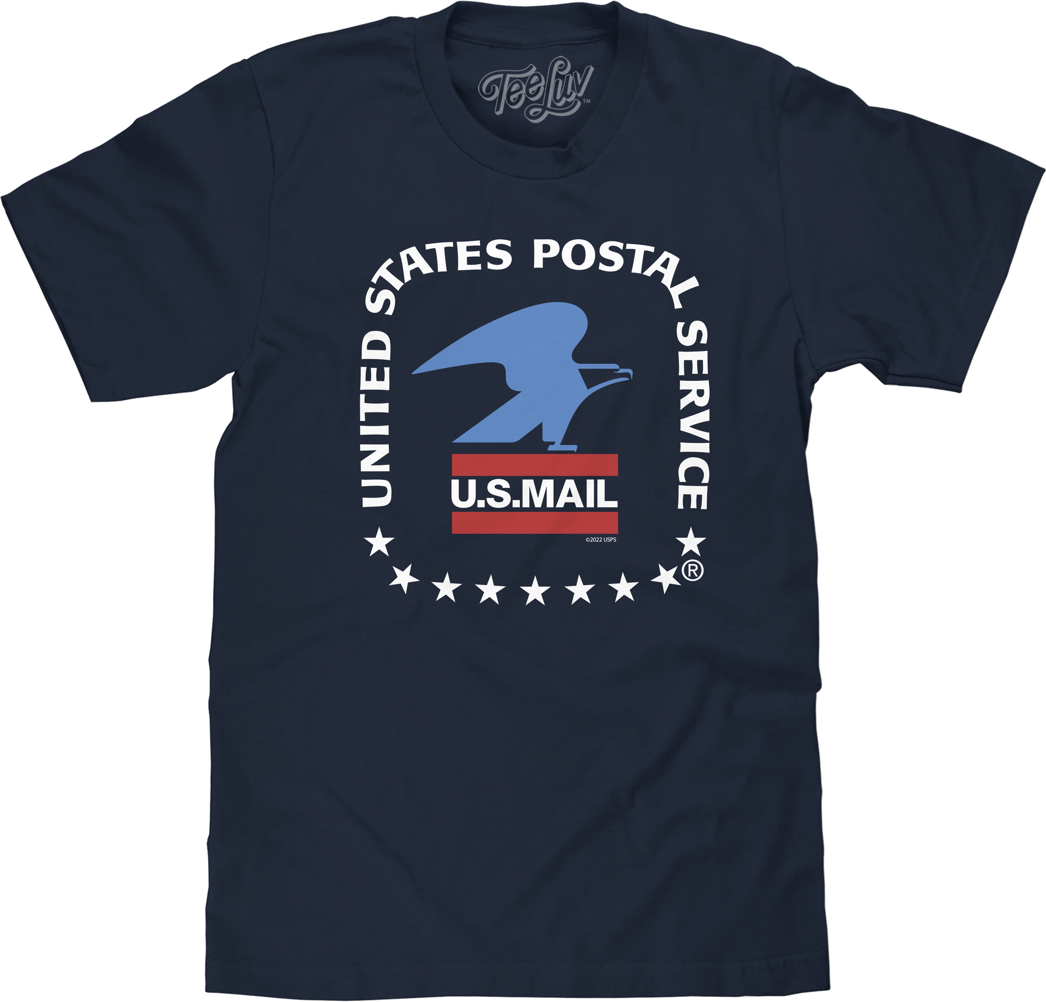 Navy blue t-shirt with United States Postal Service logo on a white background