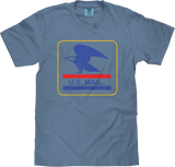 Blue t-shirt with U.S. Mail graphic on a white background