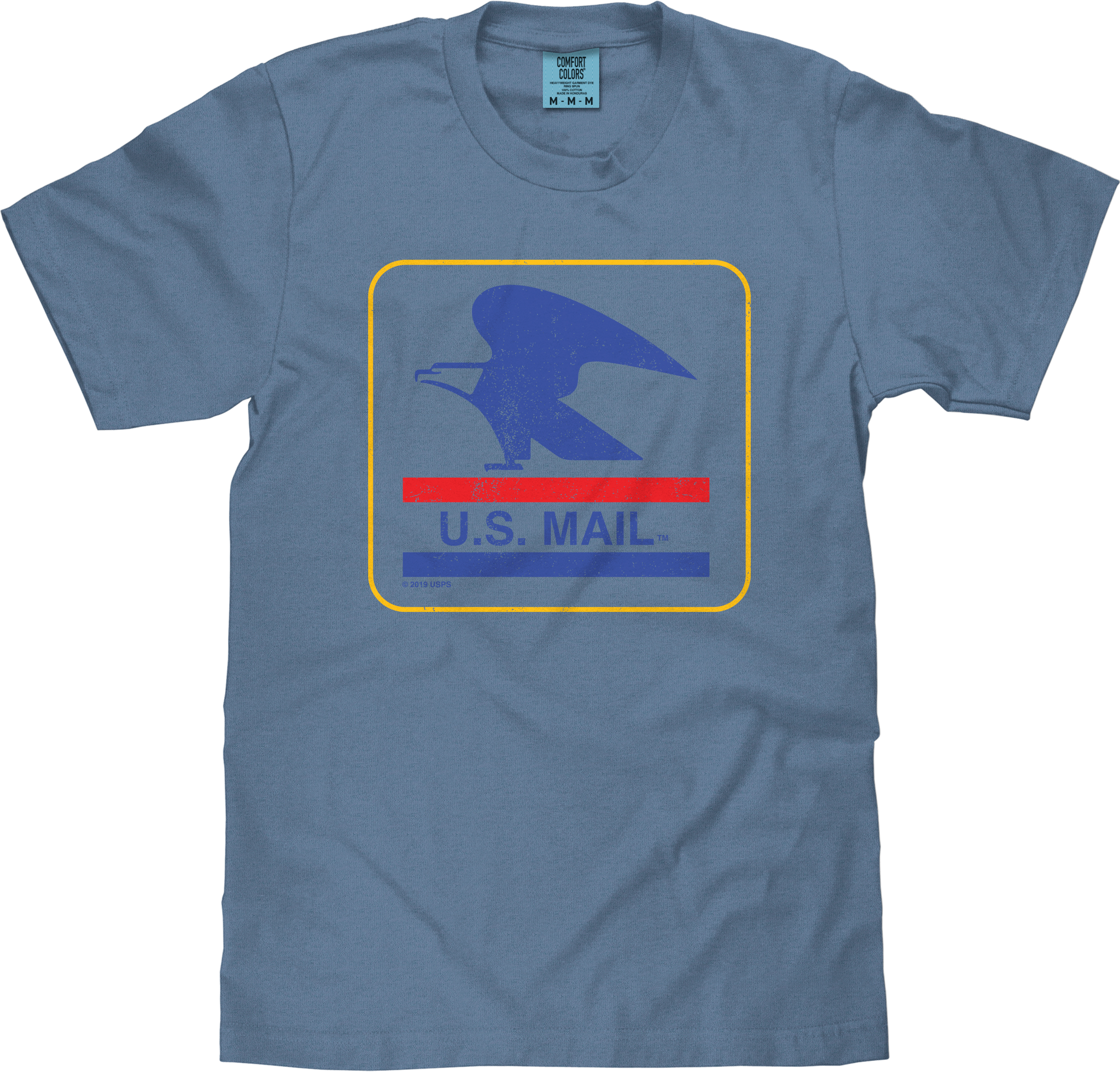 Blue t-shirt with U.S. Mail graphic on a white background