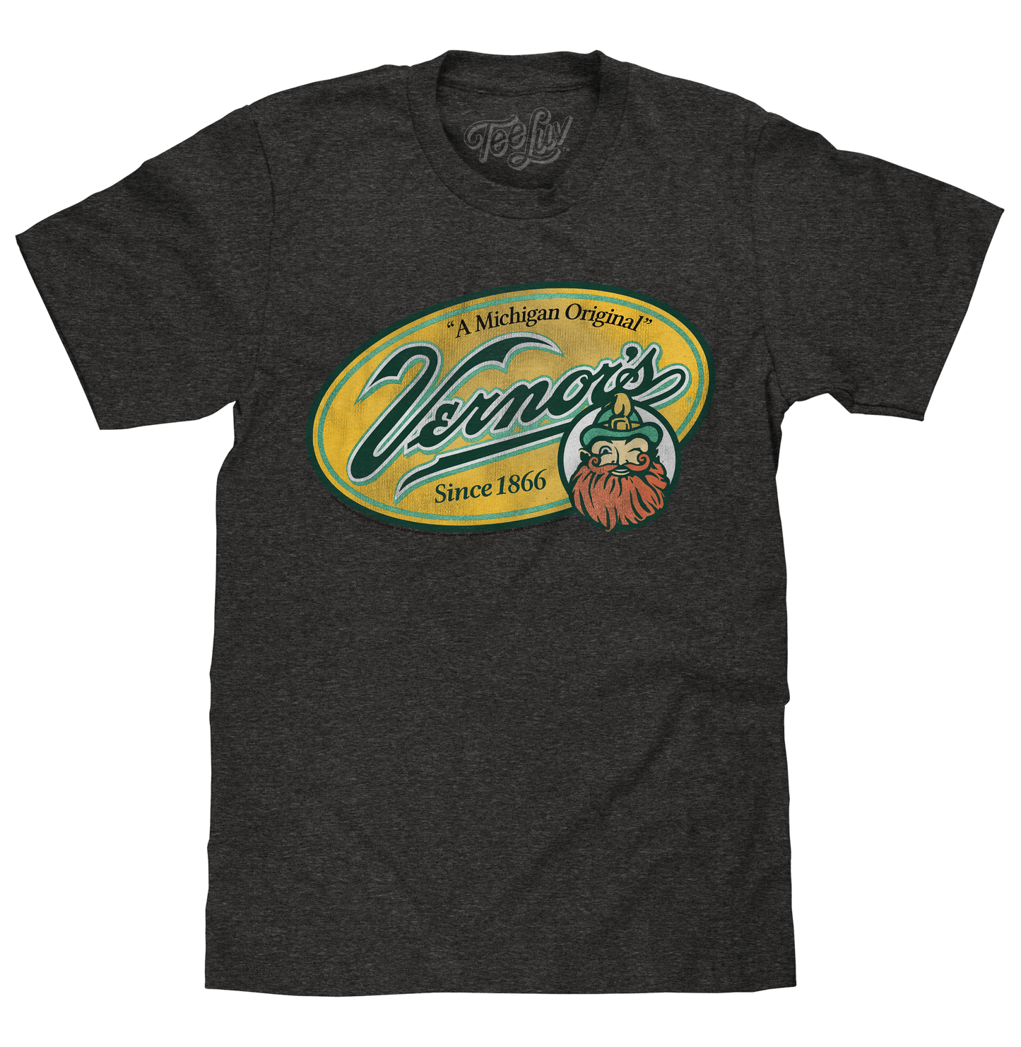 Black t-shirt with a colorful logo featuring a bearded man and text on a white background