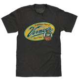 Black t-shirt with a colorful logo featuring a bearded man and text on a white background