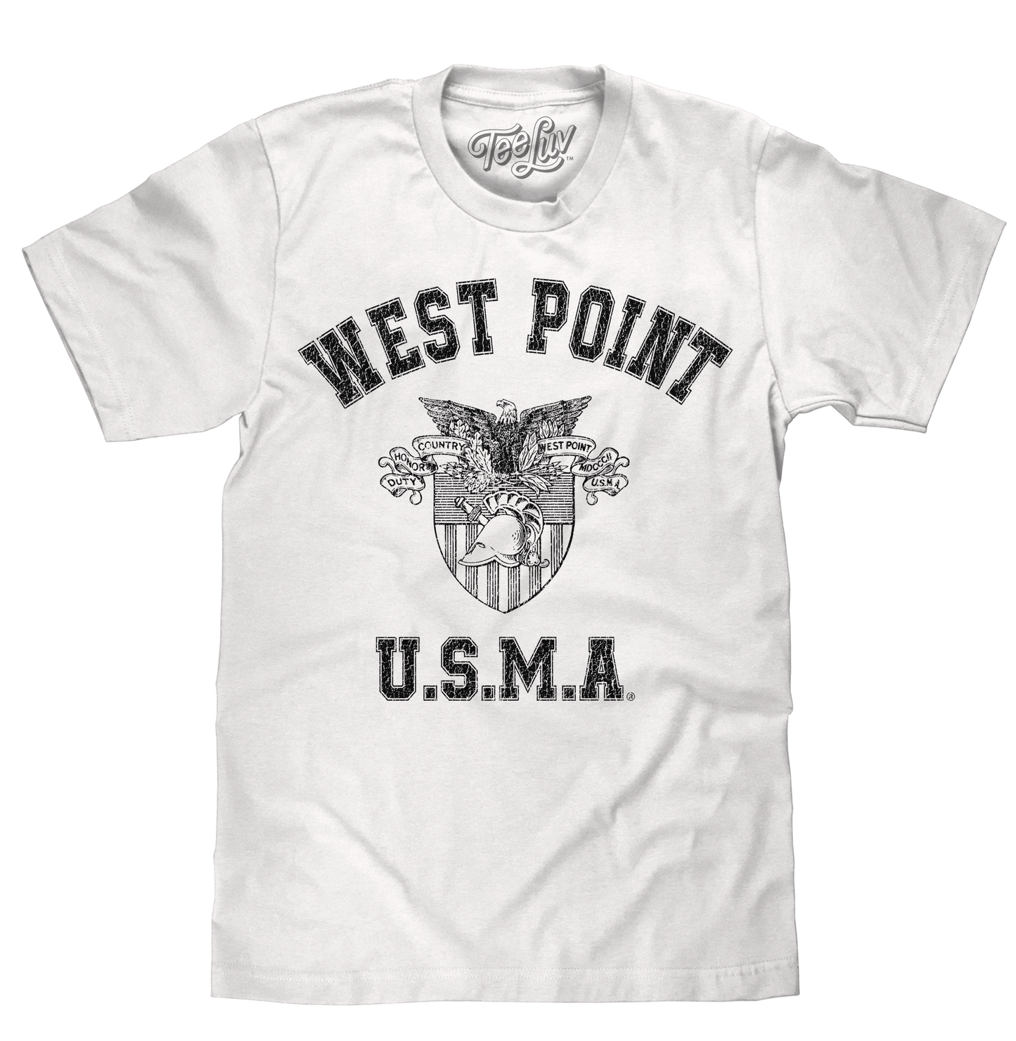 White t-shirt with 'West Point U.S.M.A.' text and logo on a white background