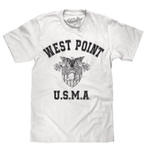 White t-shirt with 'West Point U.S.M.A.' text and logo on a white background