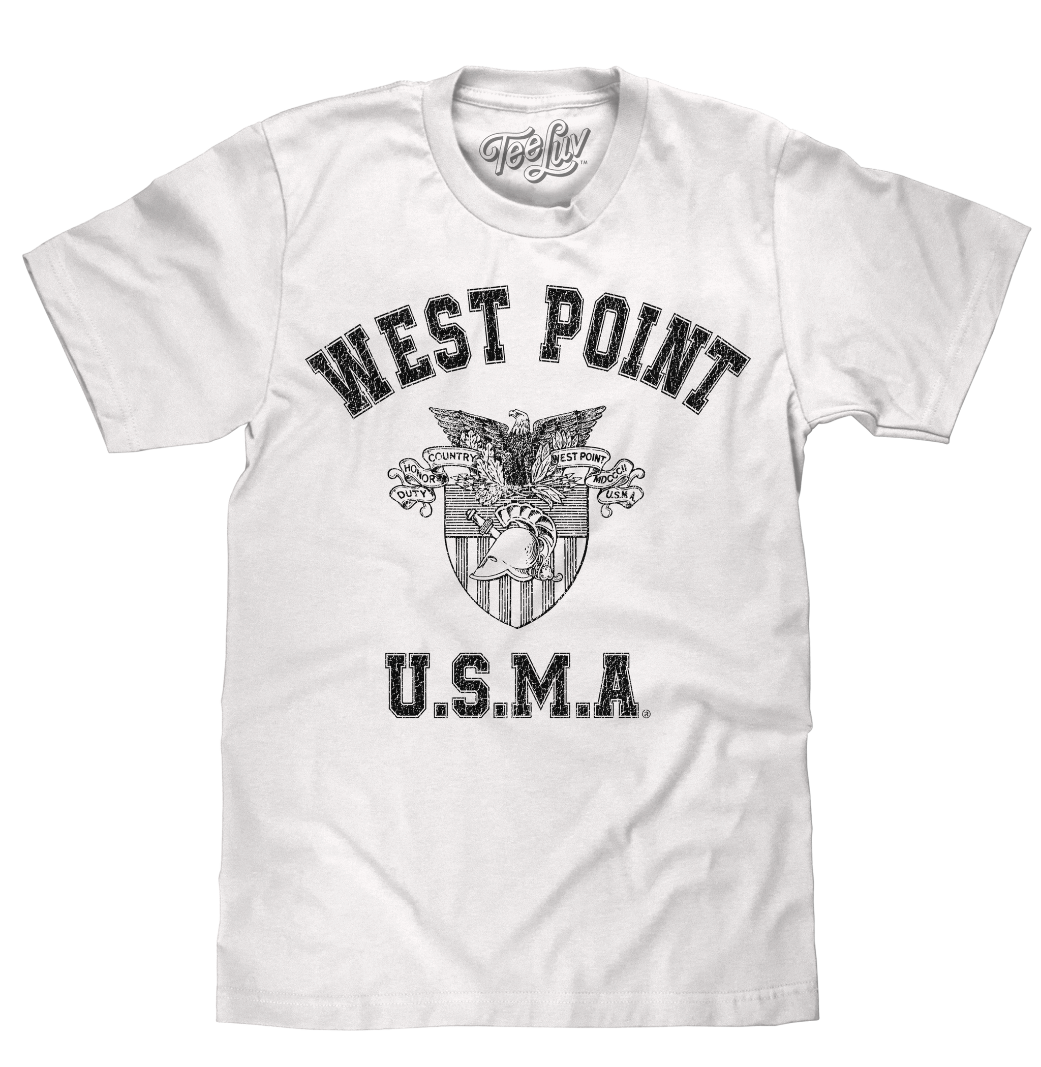 White t-shirt with 'West Point U.S.M.A.' text and logo on a white background
