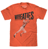 Orange t-shirt with a graphic of a baseball player and 'Wheaties' branding on a white background