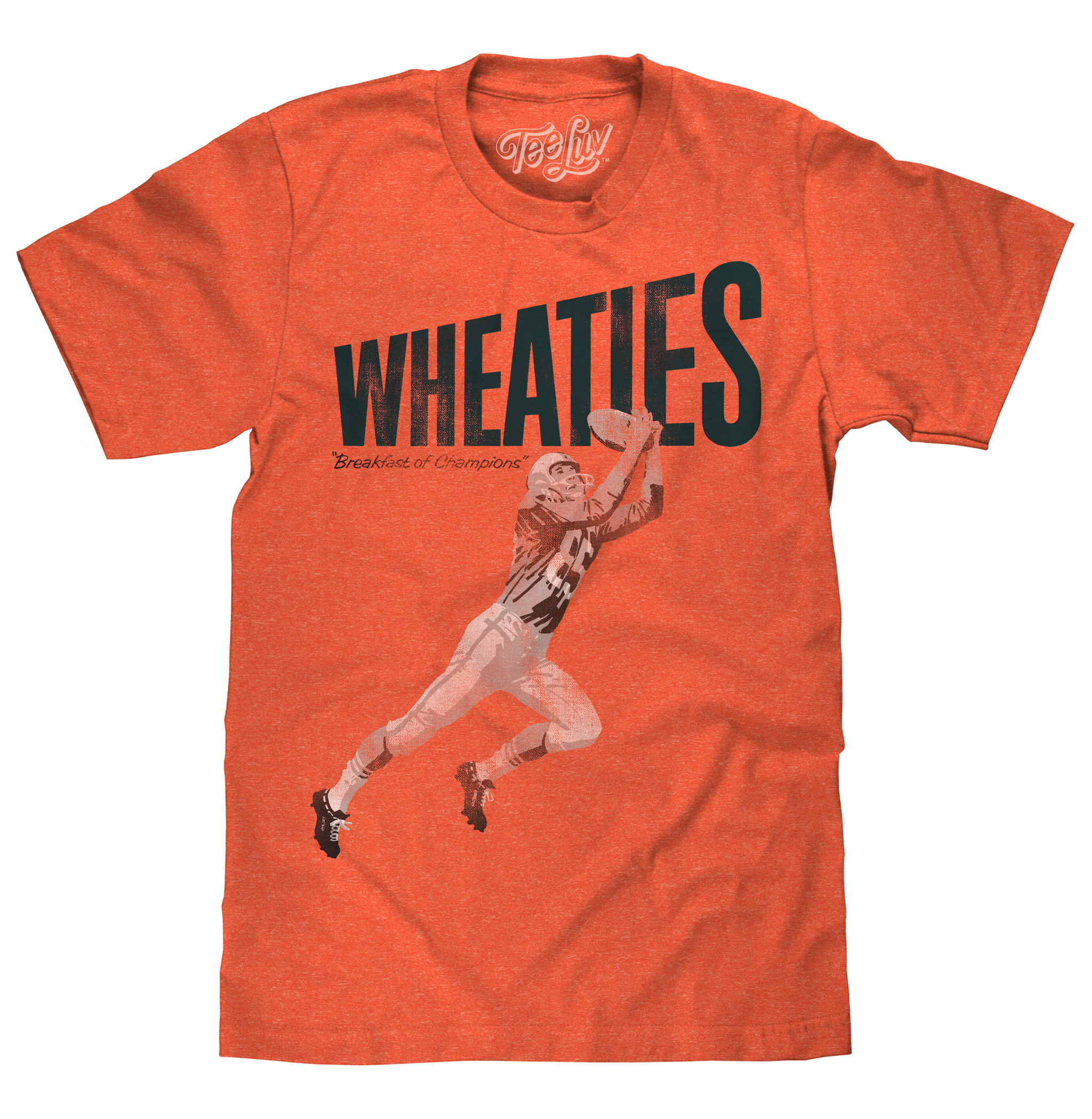 Orange t-shirt with a graphic of a baseball player and 'Wheaties' branding on a white background