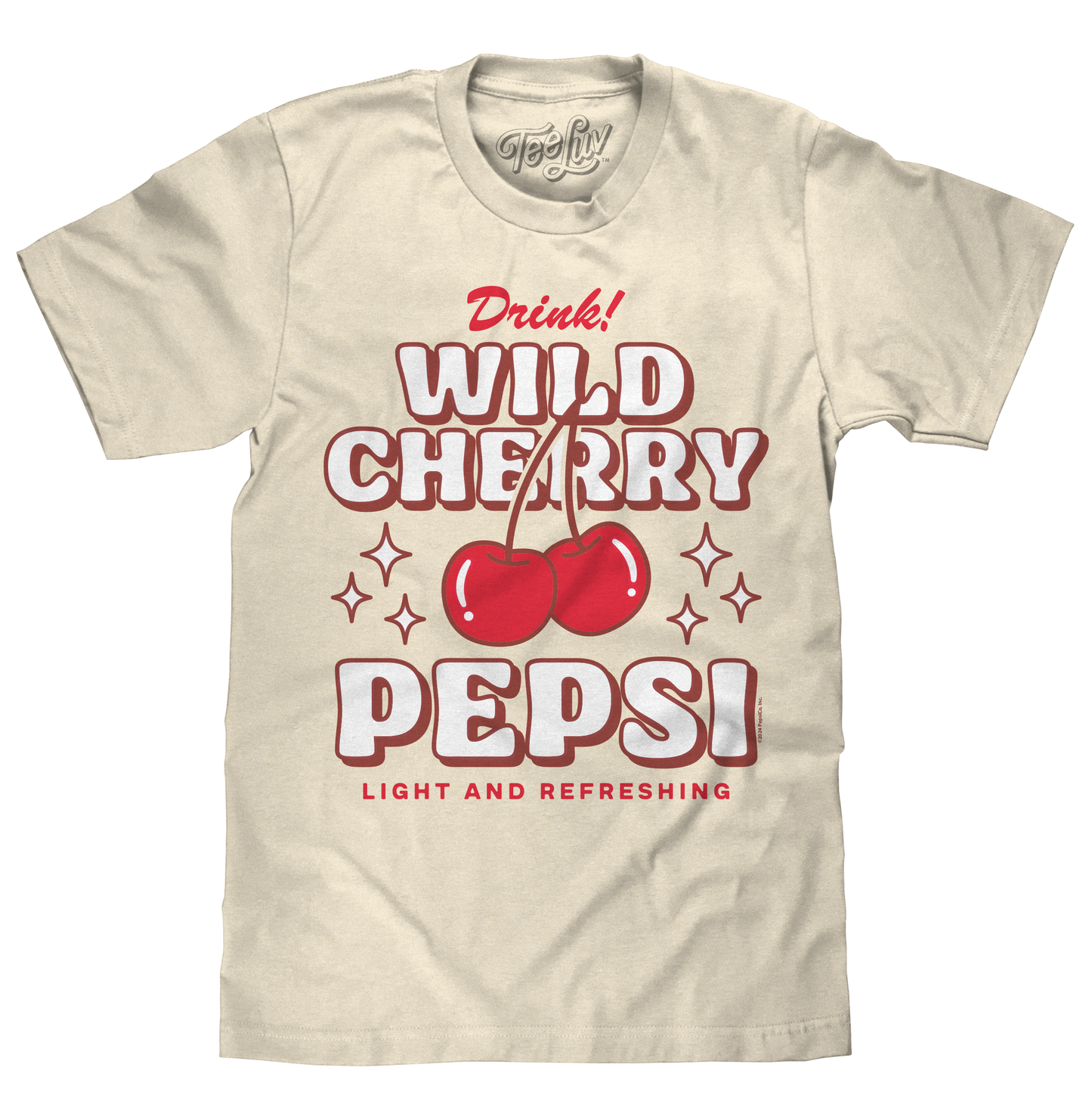 Beige t-shirt with red and white Pepsi graphic on a white background