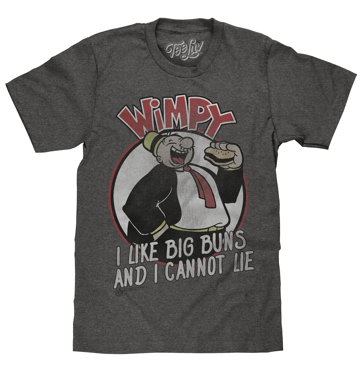Gray t-shirt with a cartoon character and text on a white background