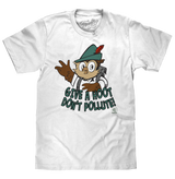 White t-shirt with cartoon character and 'Give a Hoot, Don't Pollute!' text on a white background