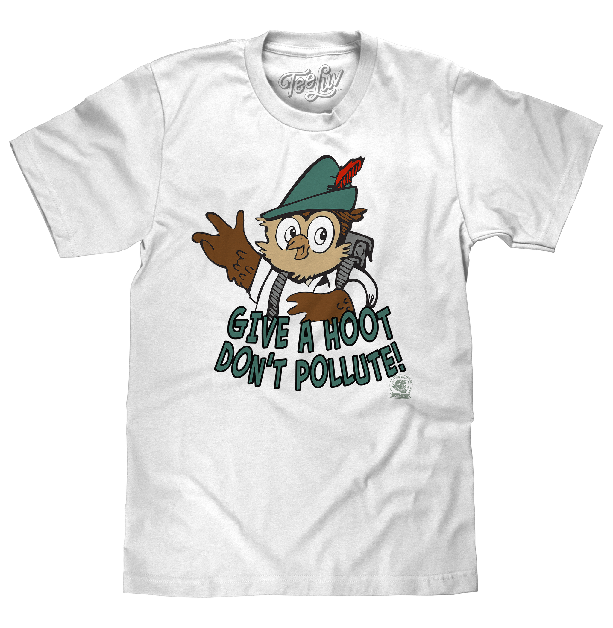 White t-shirt with cartoon character and 'Give a Hoot, Don't Pollute!' text on a white background