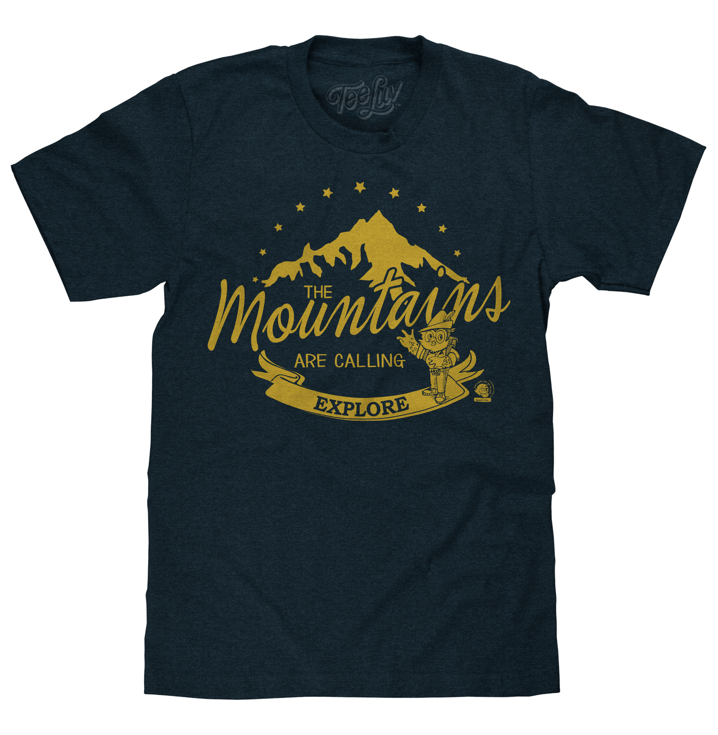 Black t-shirt with yellow mountain graphic and text 'The Mountains Are Calling Explore' on a white background