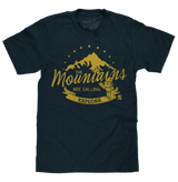 Black t-shirt with yellow mountain graphic and text 'The Mountains Are Calling Explore' on a white background