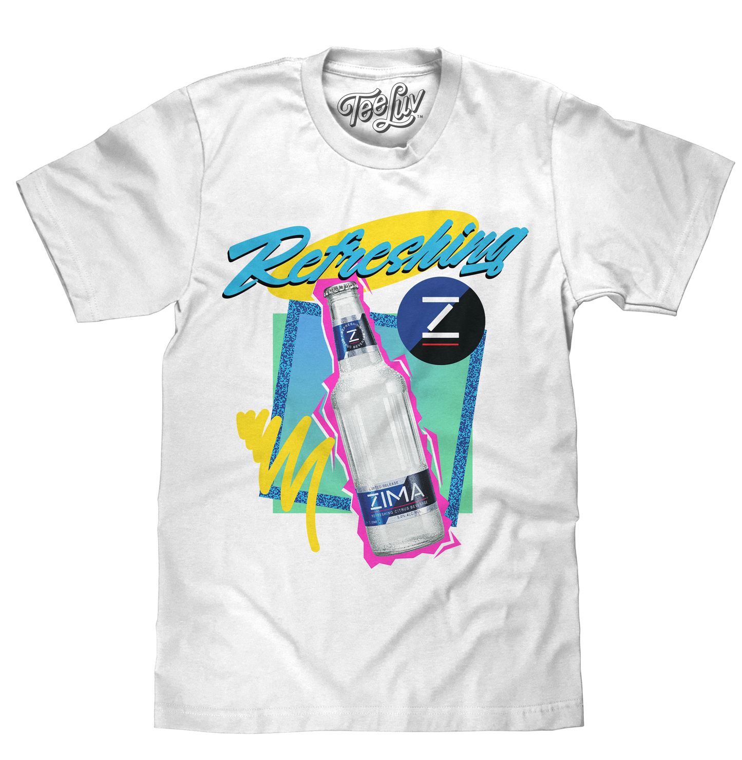 White t-shirt with Zima bottle graphic and 'Refreshing' text on a white background