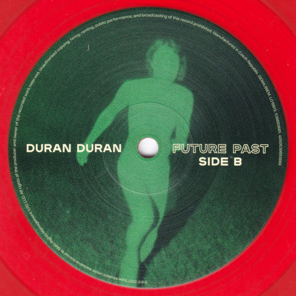 Vinyl record label with green silhouette and text 'Duran Duran Future Past Side B' on a red border
