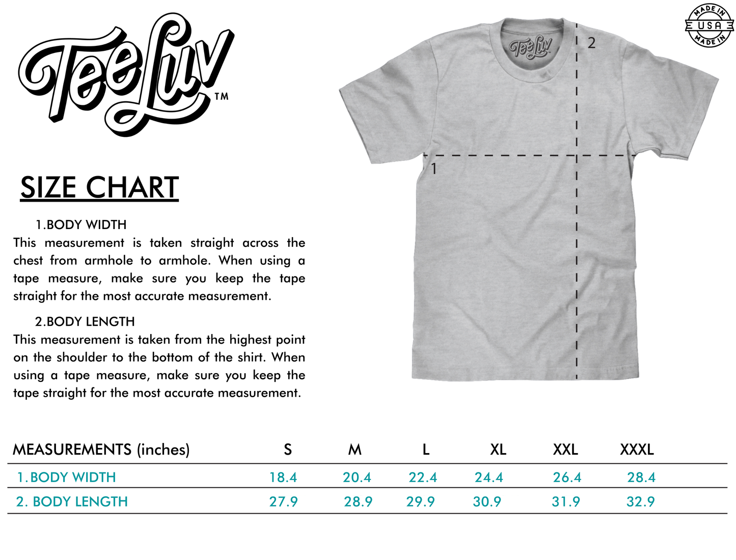 Gray t-shirt with size chart on a white background, featuring TeeLuv branding.