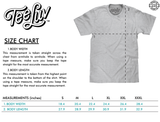 Gray t-shirt with size chart on a white background, featuring TeeLuv branding.